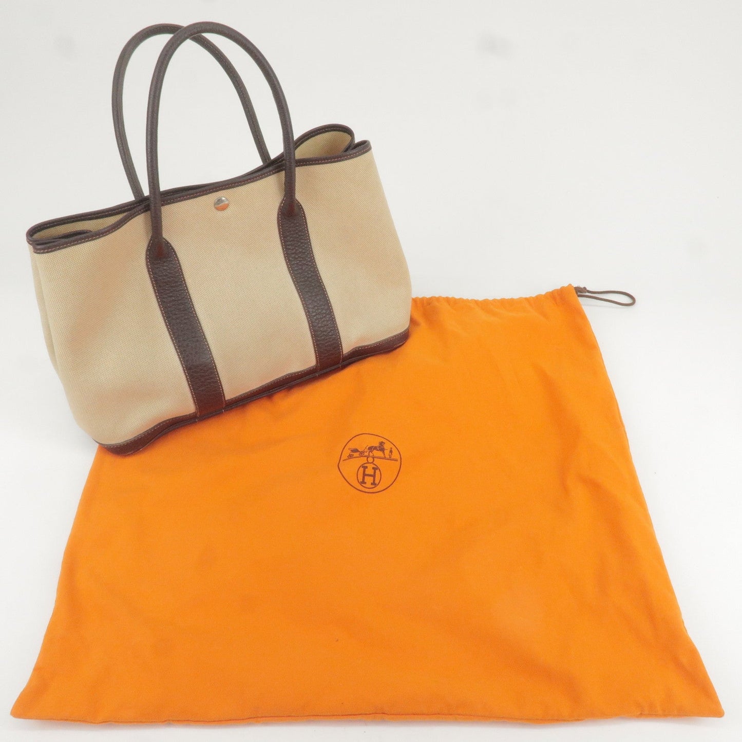 Luxury Hermes Canvas Leather Garden Party PM Tote Bag Beige G Stamp
