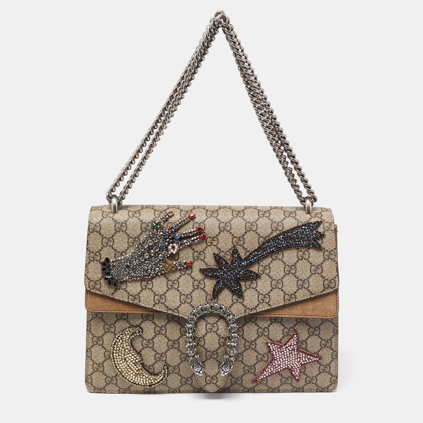 Luxury Gucci Trending 2025 Beige GG Supreme Canvas and Suede Medium Dionysus Embellished Shoulder Bag