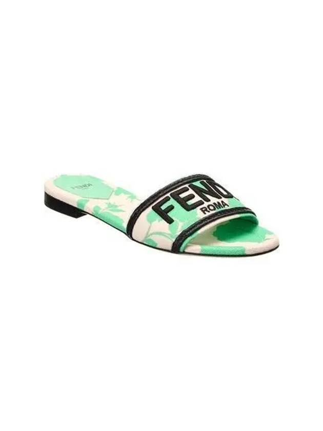 Luxury Fendi Rose Print Embroidered Logo Canvas Slide Slippers Green
