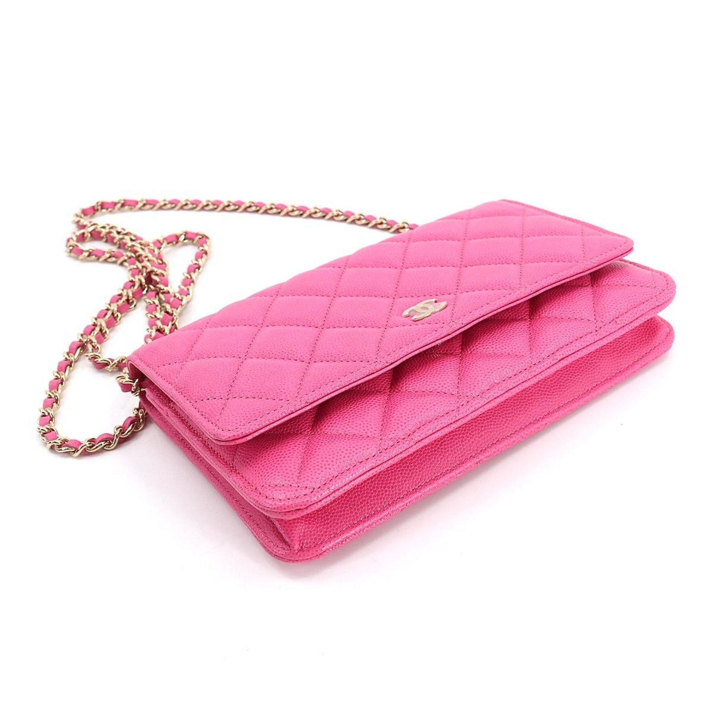 Luxury Chanel matelasse classic chain wallet long caviar skin pink AP0250 gold metal fittings Chain Wallet