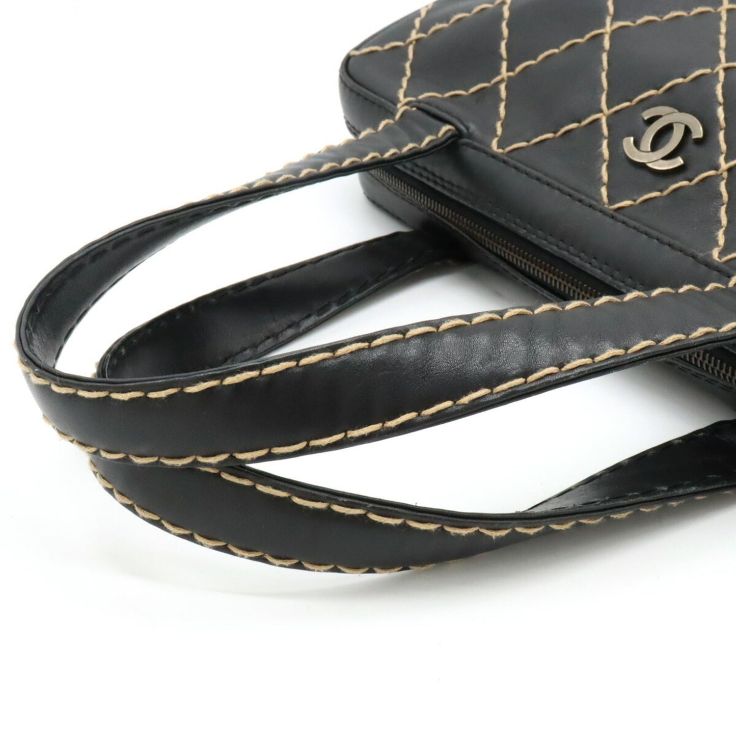 Luxury Chanel Wild Stitch Coco Mark Tote Bag Handbag Leather Black A14693