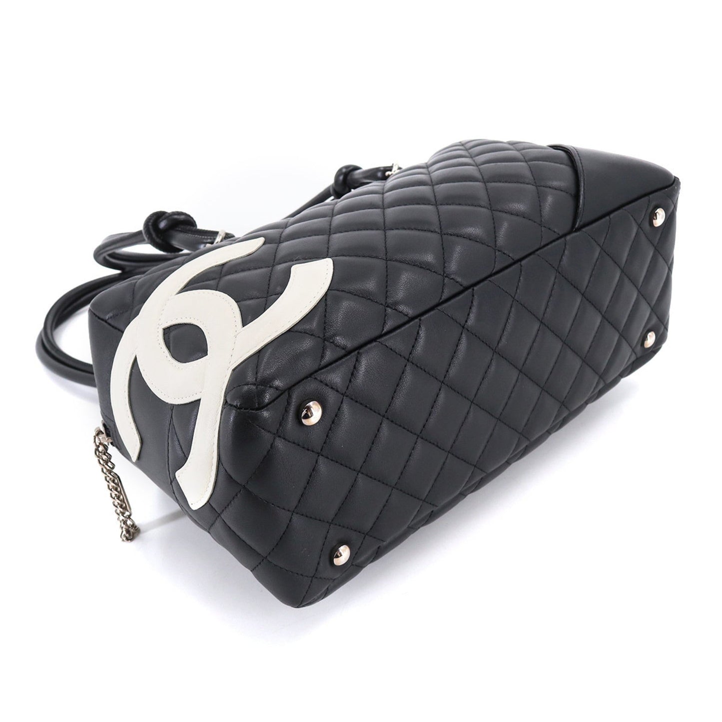 Luxury Chanel Cambon Line Bowling Shoulder Bag Leather Black White A25171