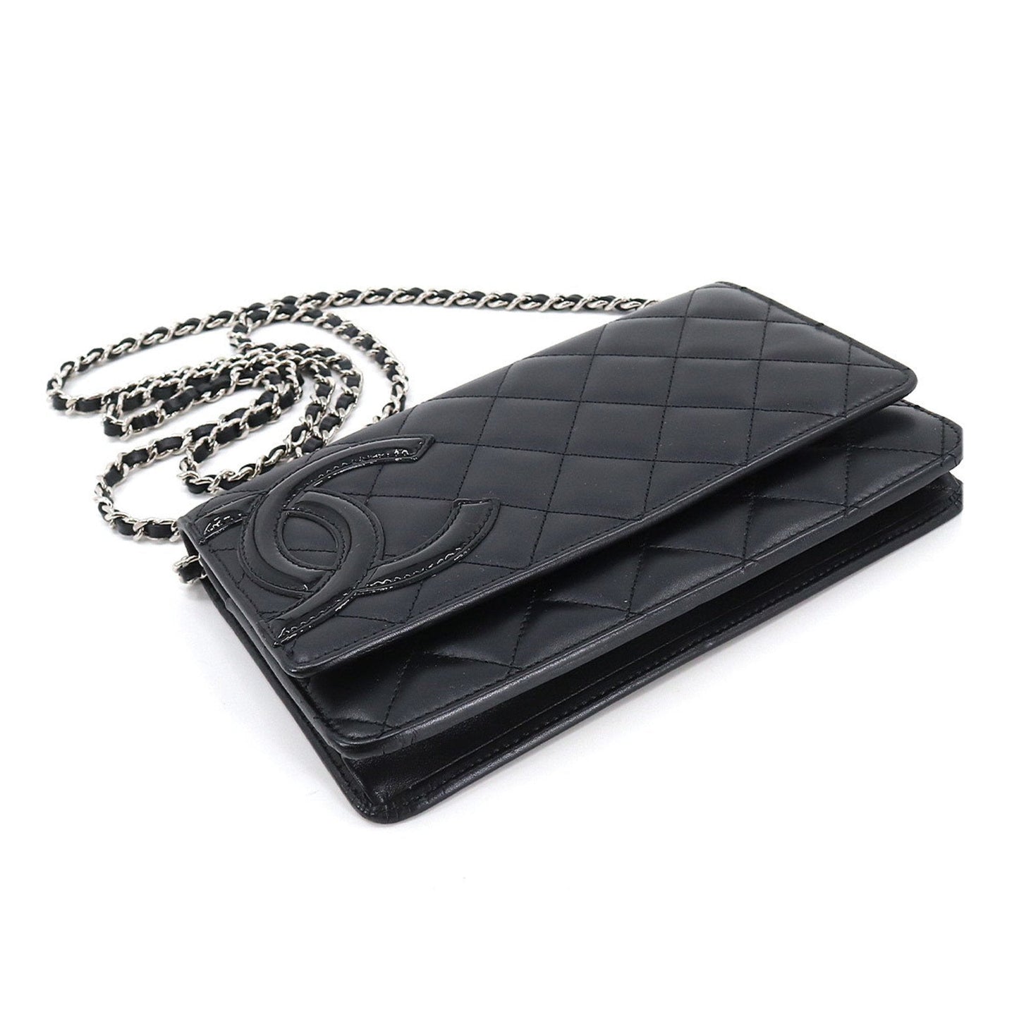 Luxury Chanel cambon line chain wallet folio long leather enamel black A46646 Cambon Line Chain Wallet