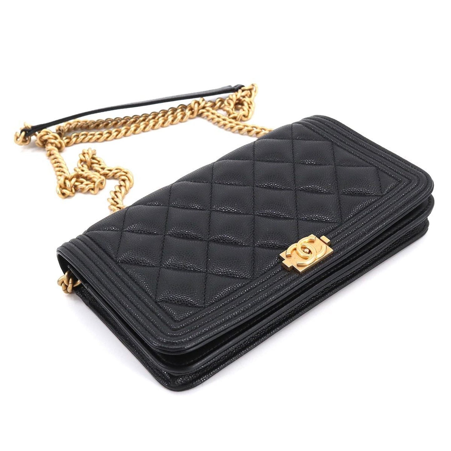 Luxury Chanel Boy Chain Wallet Long Caviar Skin Black AP1117 Gold Hardware