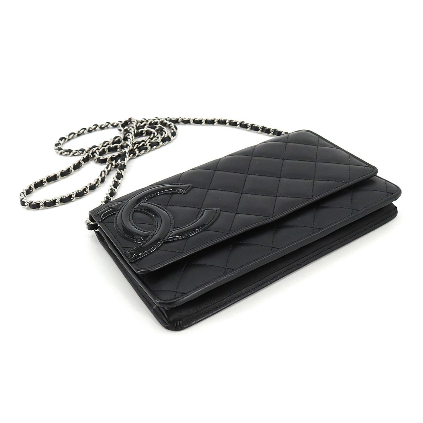 Luxury Chanel cambon line chain wallet folio long leather enamel black silver metal fittings A46646 Cambon Line Chain Wallet