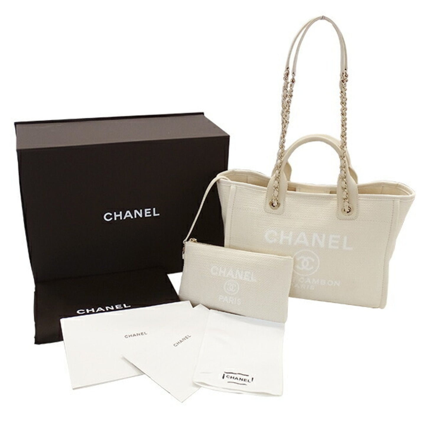 Luxury Chanel Bag Deauville Women's Handbag Shoulder 2way Canvas MM Ivory