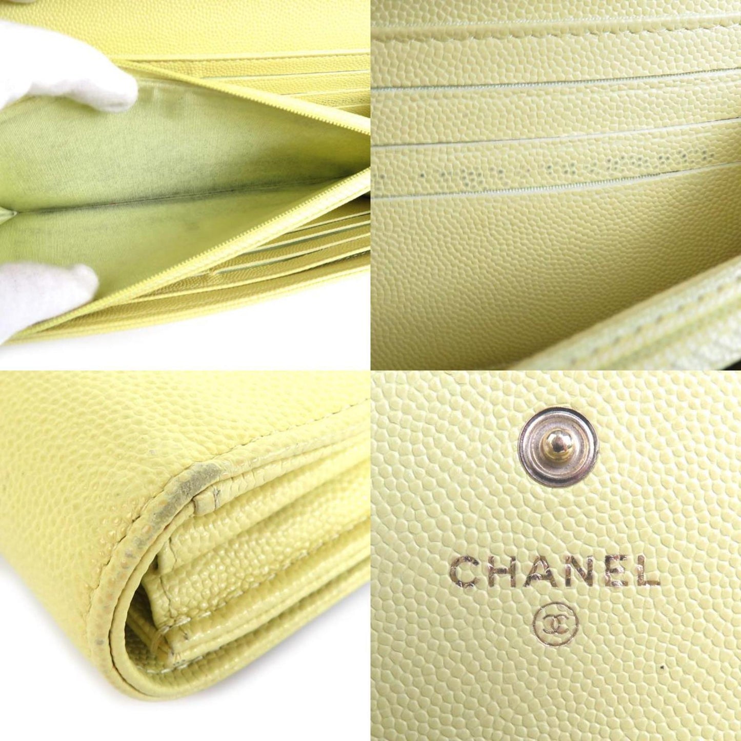 Luxury Chanel Long Wallet Coco Mark Caviar Skin Leather Light Yellow Women's r9578a