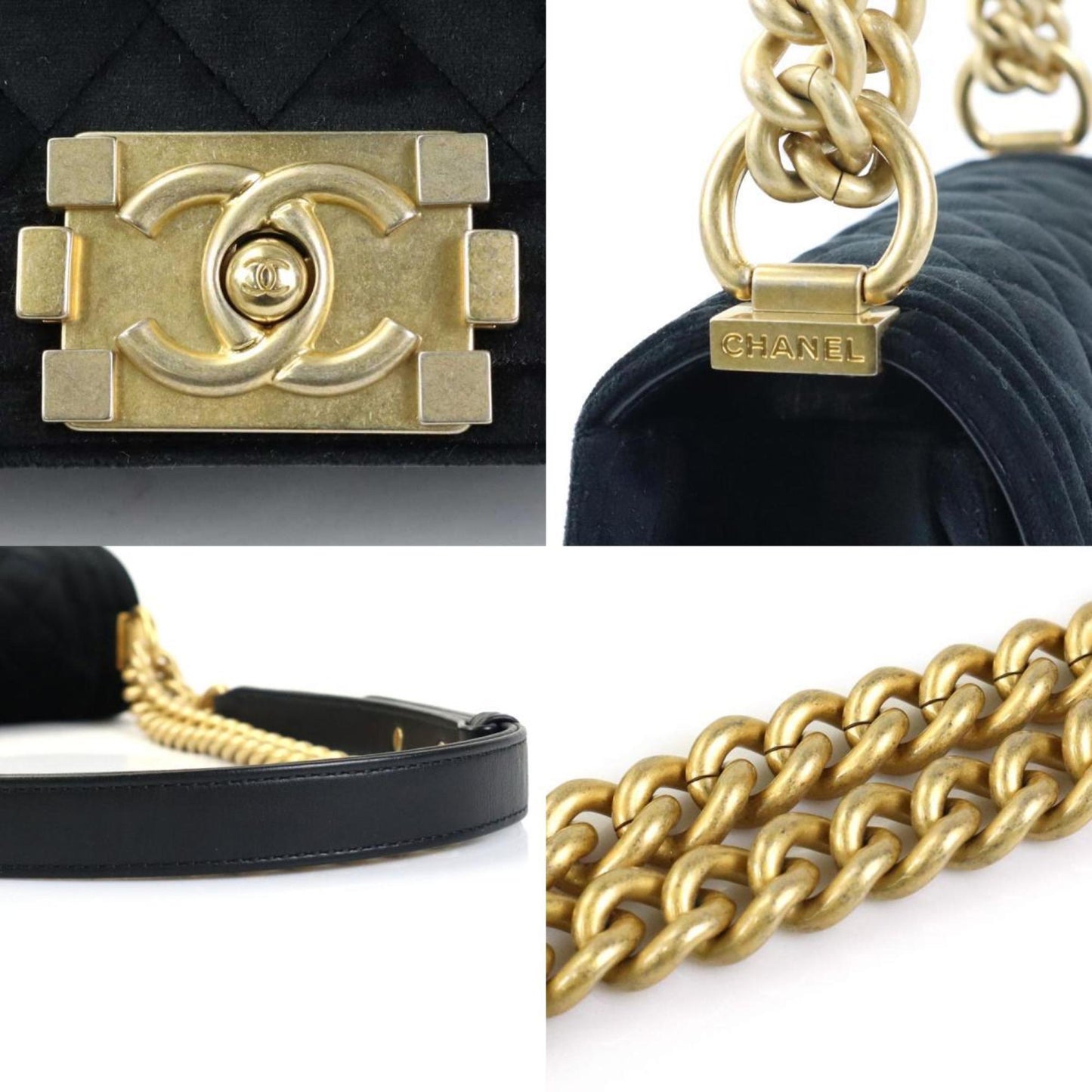Luxury Chanel Crossbody Shoulder Bag Boy Velor Black Gold Ladies
