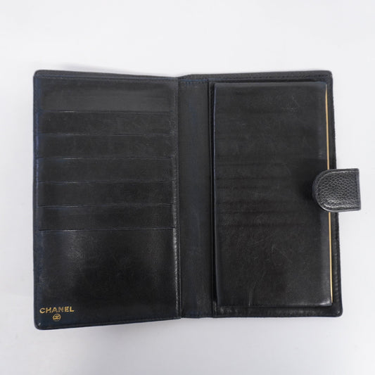 CHANEL Gold Hardware Women's Caviar Leather Long Wallet Black