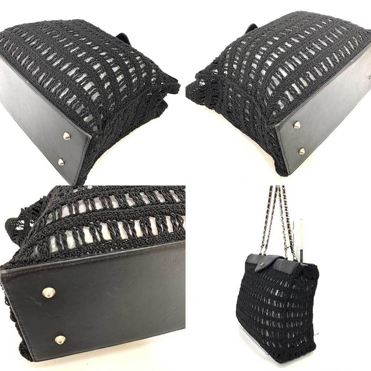 Luxury Chanel Bag Chain Tote Black Mesh Stitch Handbag Coco Mark Ladies Canvas x Leather