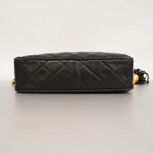 CHANEL Matelasse Chain Shoulder With Fringes Leather Shoulder Bag Black
