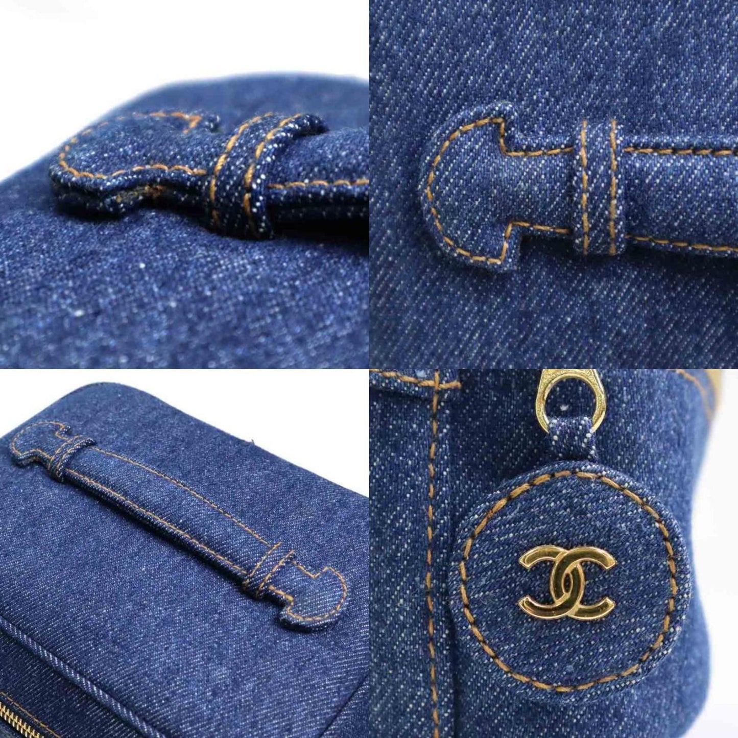Luxury Chanel Handbag Vanity Bag Coco Mark Denim Blue Gold Women's