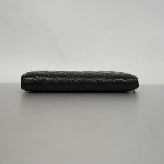 CHANEL Matelasse Silver Metal Fittings Women's Caviar Leather Long Wallet