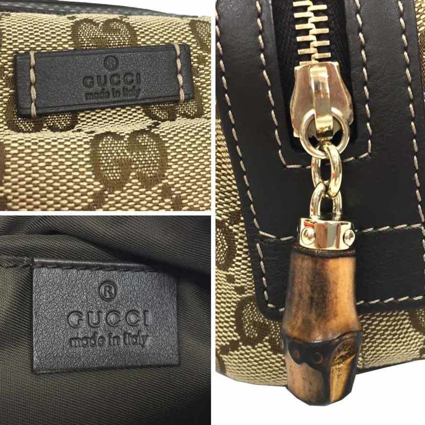 Luxury Gucci GG Canvas Bamboo Pouch WG Beige x Brown Leather Women's Unisex Bag