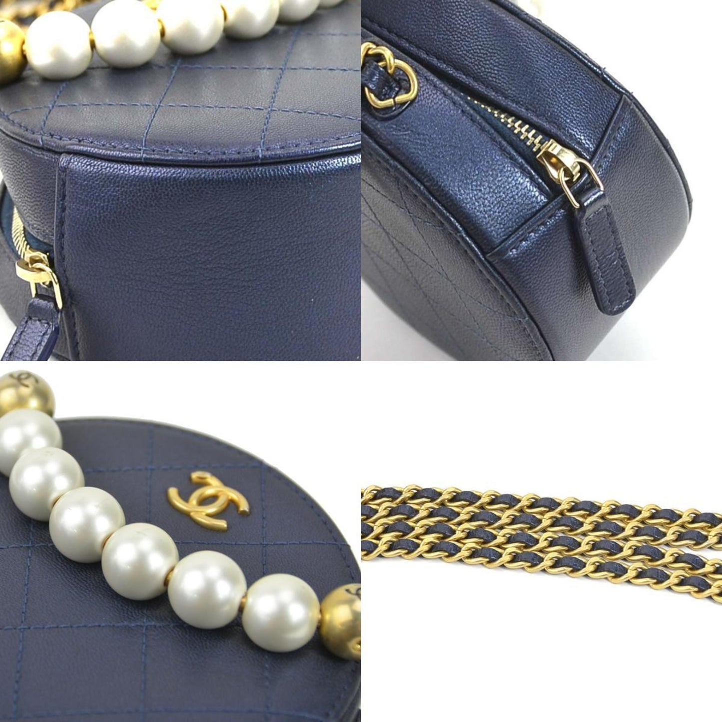 Luxury Chanel Crossbody Shoulder Bag Pochette Coco Mark Leather/Metal/Fake Pearl Navy/Gold/Off-White Women's