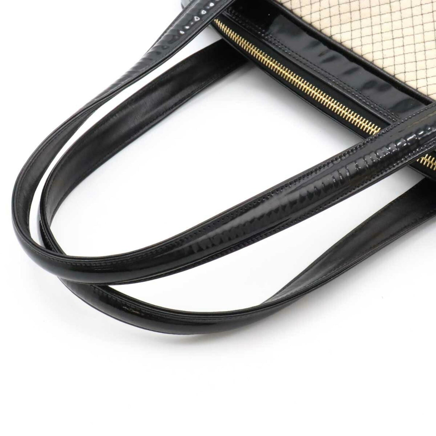 Luxury Chanel Cocomark Quilted Bowling Bag Boston Shoulder Patent Leather Cotton Beige Black