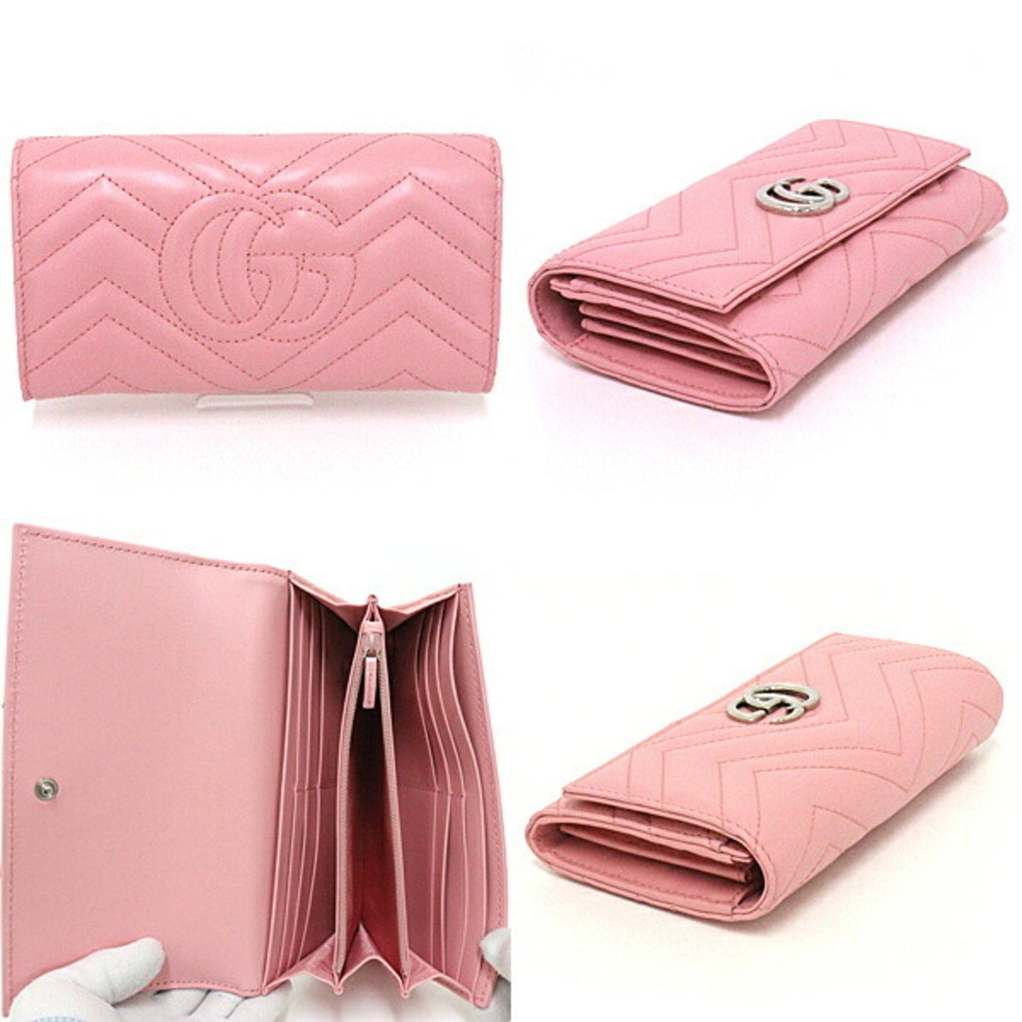 Luxury Gucci GG Marmont Continental Wallet Bifold Long Double G Chevron Quilted Leather 443436 Pink Silver Hardware
