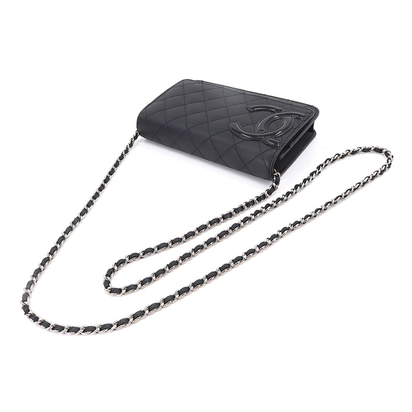 Luxury Chanel Cambon Line Chain Wallet Bifold Long Leather Enamel Black A46646