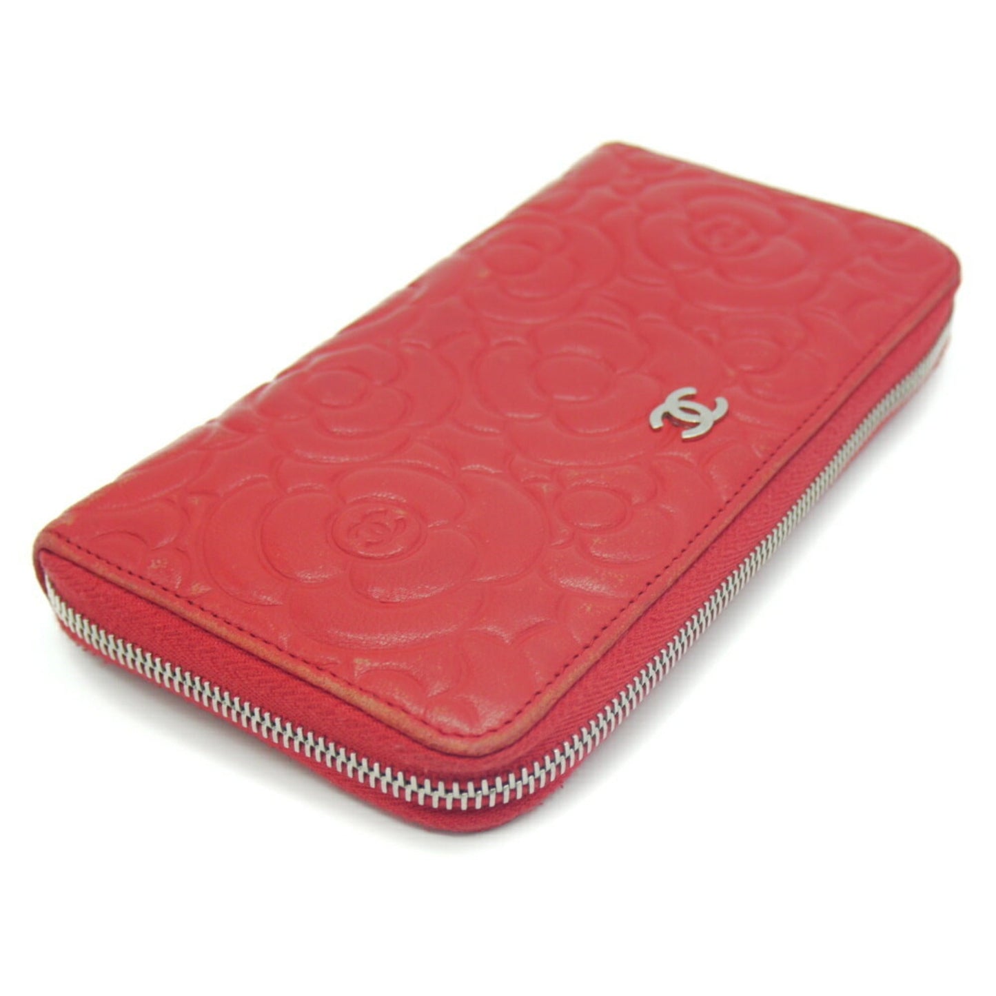 Luxury Chanel camellia embossed round long wallet lambskin red A82281