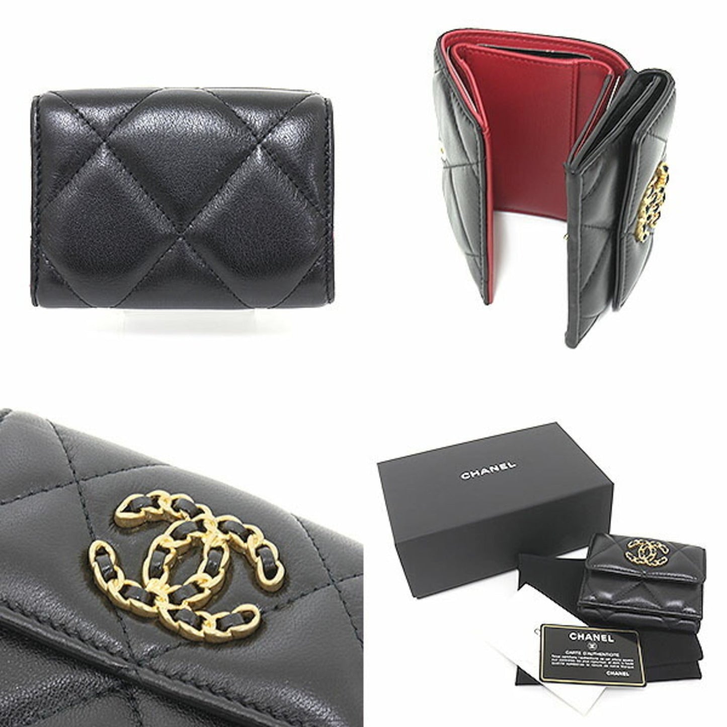 Luxury Chanel 19 Small Flap Wallet Lambskin Black Red Gold Metal Fittings AP1789 Trifold Dizeneuf Matrasse Cocomark Rope Design 30s