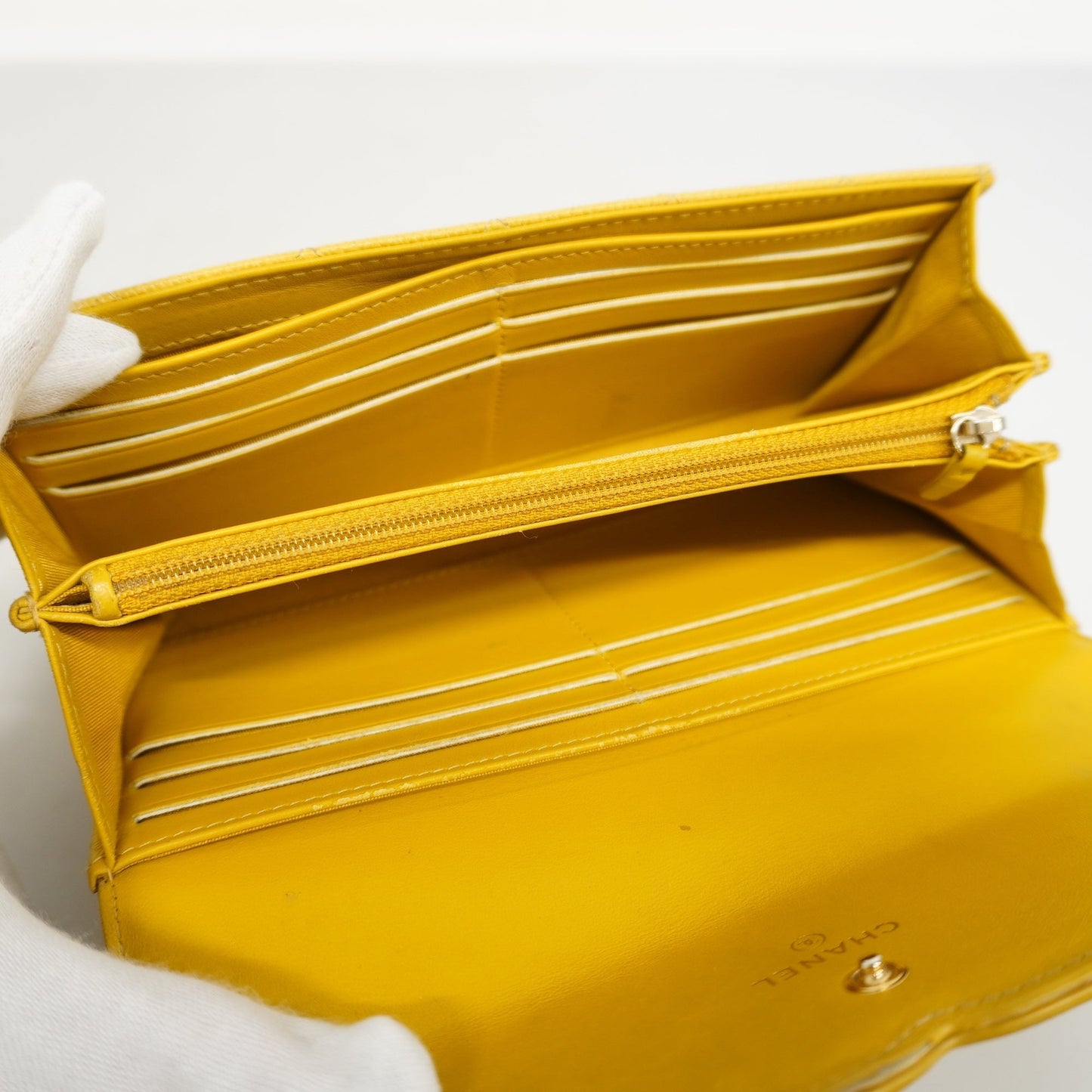 CHANELAuth CC Filigree Gold Hardware Women's Caviar Leather Long Wallet Yellow