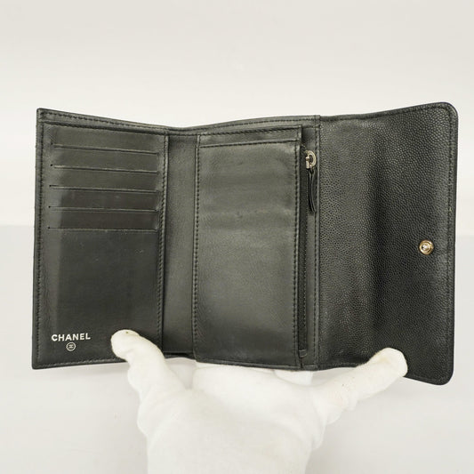 CHANEL Boy Tri-fold Wallet Silver Metal Fittings Women's Caviar