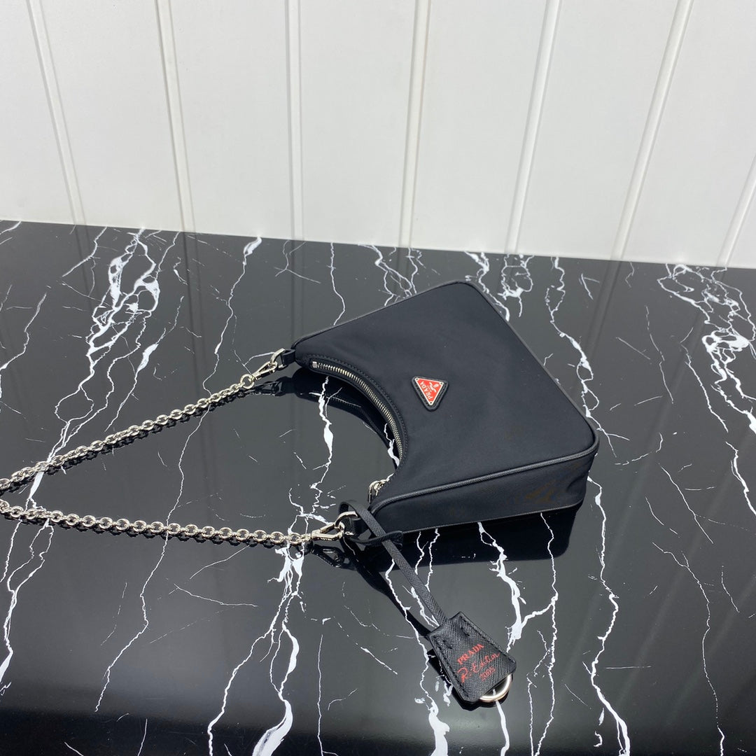 Luxury PradaHOBO 22 BAG IN BLACK RE-NYLON WITH RED LOGO