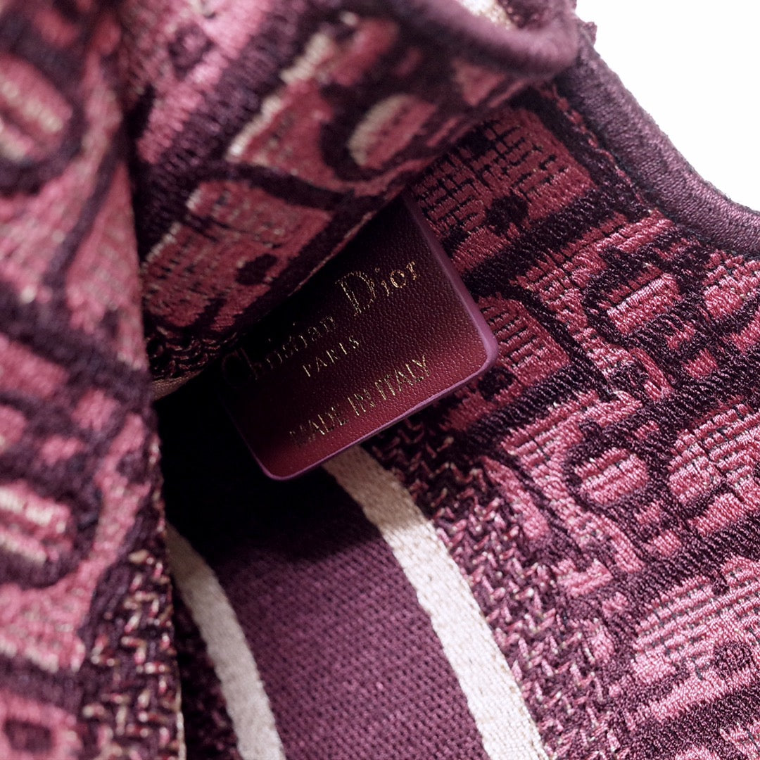 Luxury Diormini book tote 23cm burgundy beige embroidery canvas