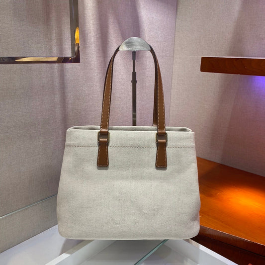 Luxury PradaTOTE BAG 33 IN WHITE CANVAS AND BROWN CALFSKIN HANDLE