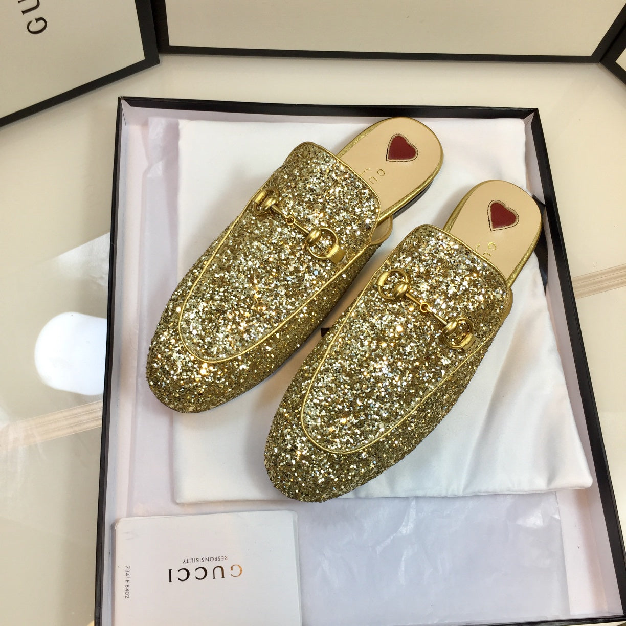 Luxury Gucci GG PrinceTown Gold Metalic Glitter Mule