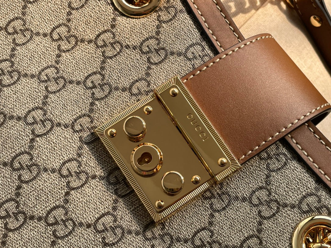 Luxury Gucci GG PADLOCK MEDIUM 26 SHOULDER BAG BEIGE CANVAS AND BROWN CALFSKIN