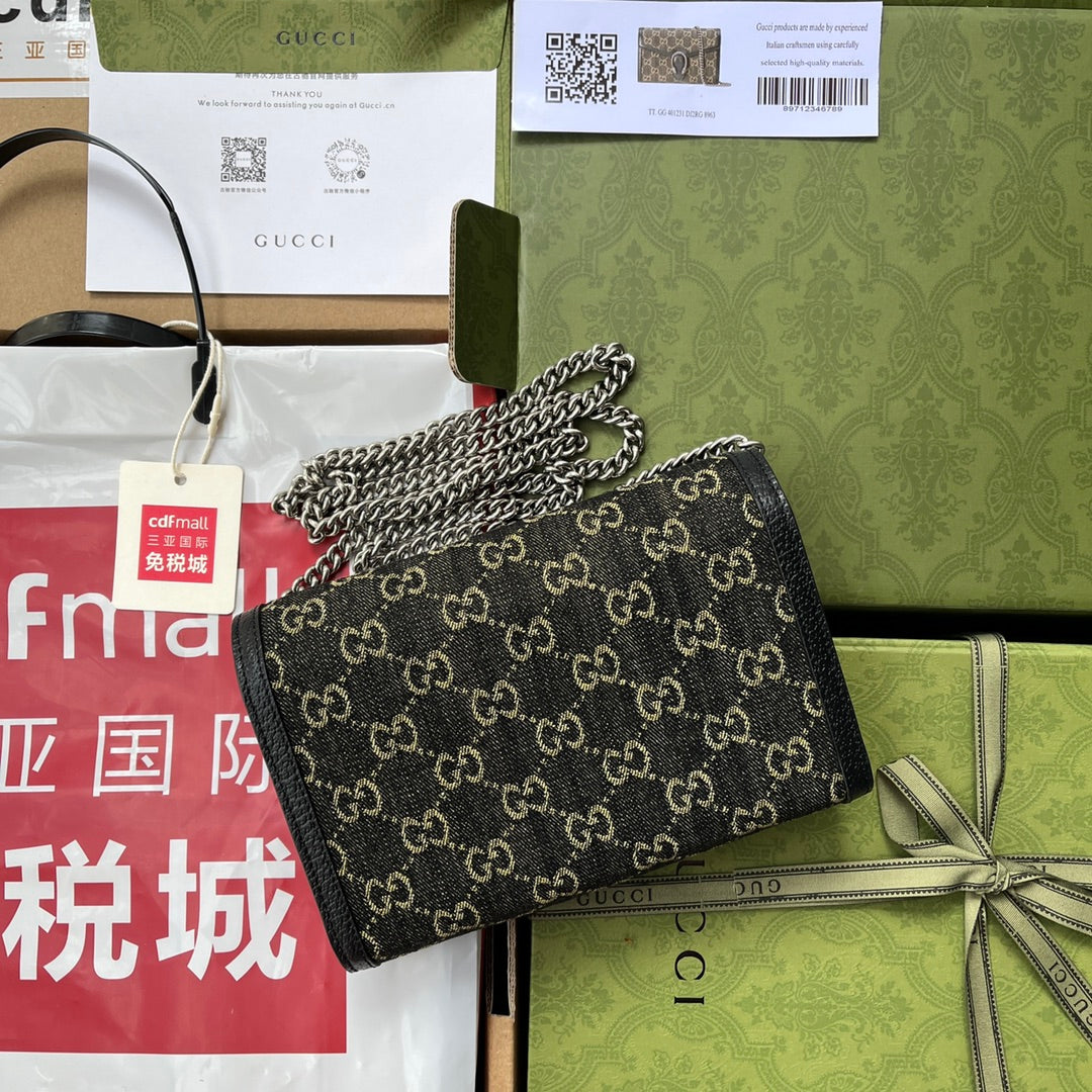 Luxury Gucci DYONYSUS SHOULDER BAG 20 IN BLACK YELLOW DENIM AND BLACK CALFSKIN TRIM SILVER HARDWARE