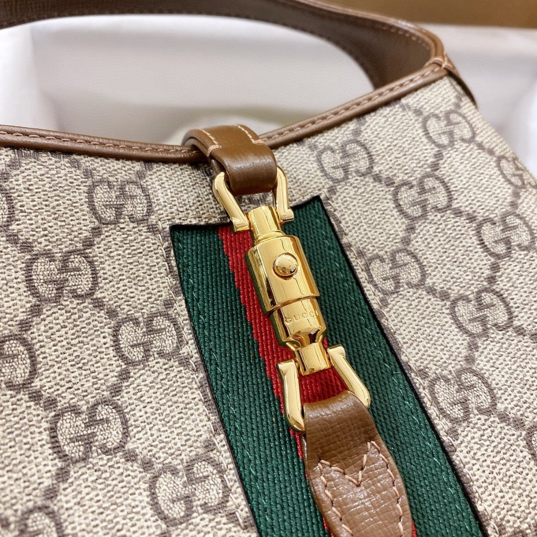 Luxury Gucci JACKIE 1961 SMALL 28 SHOULDER BAG IN BEIGE CANVAS AND BROWN CALFSKIN