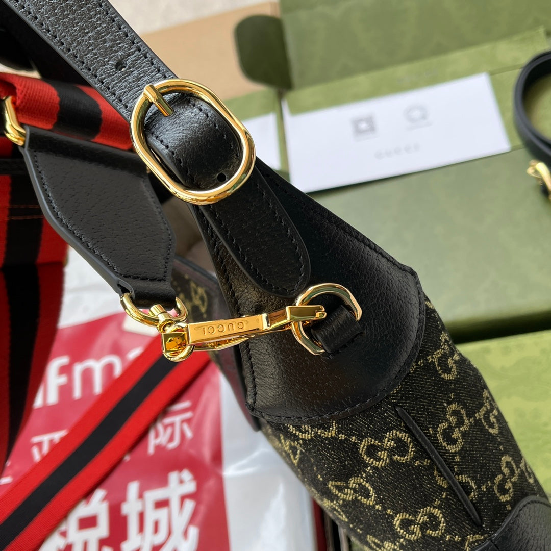 Luxury Gucci JACKIE 1961 SHOULDER BAG 28 IN BLACK YELLOW DENIM AND BLACK CALFSKIN TRIM GOLD HARDWARE