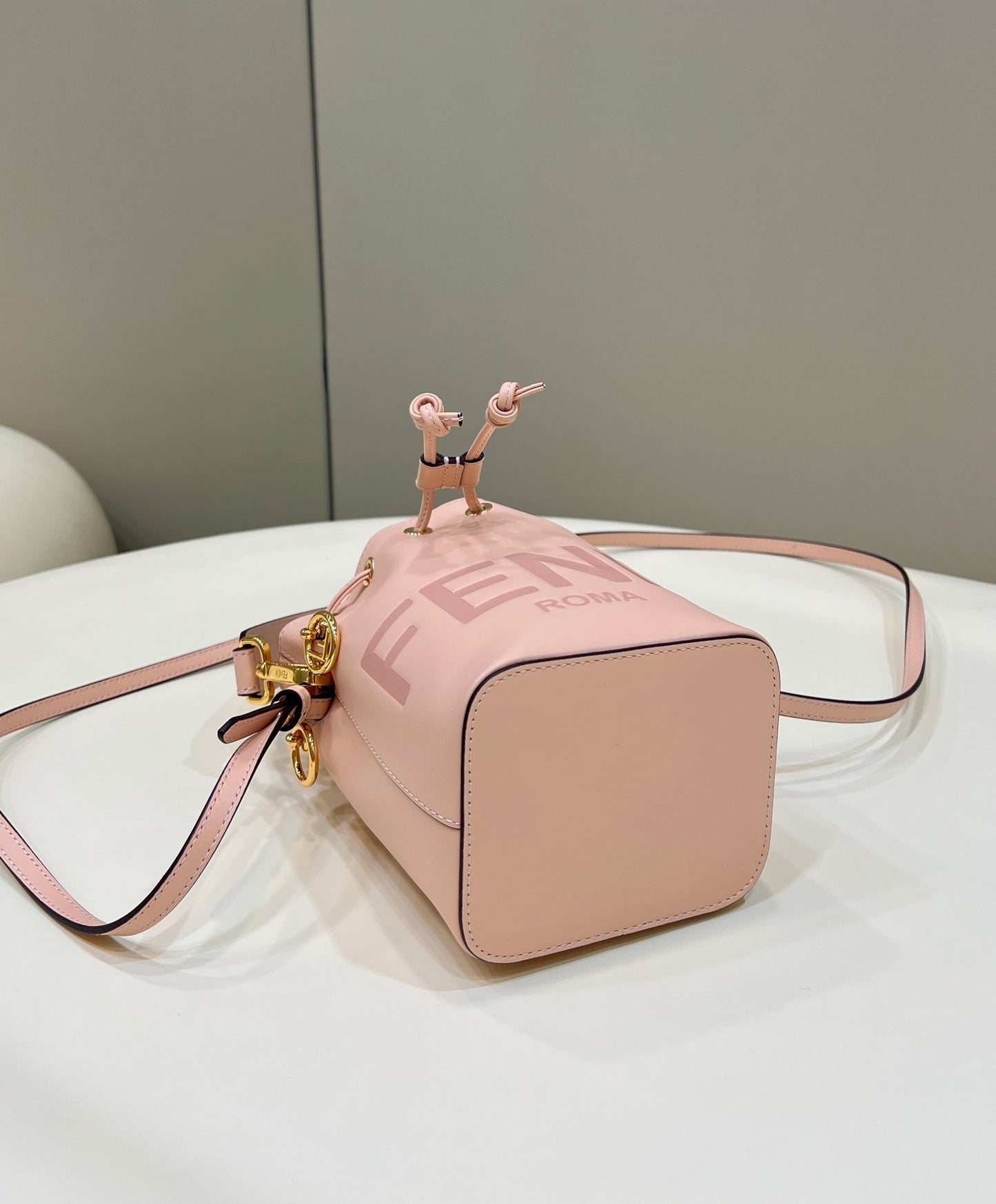 Luxury FendiMON TRESOR MINI 18 BAG IN PEACHY PINK CALFSKIN FF WITH GOLD HARDWARE