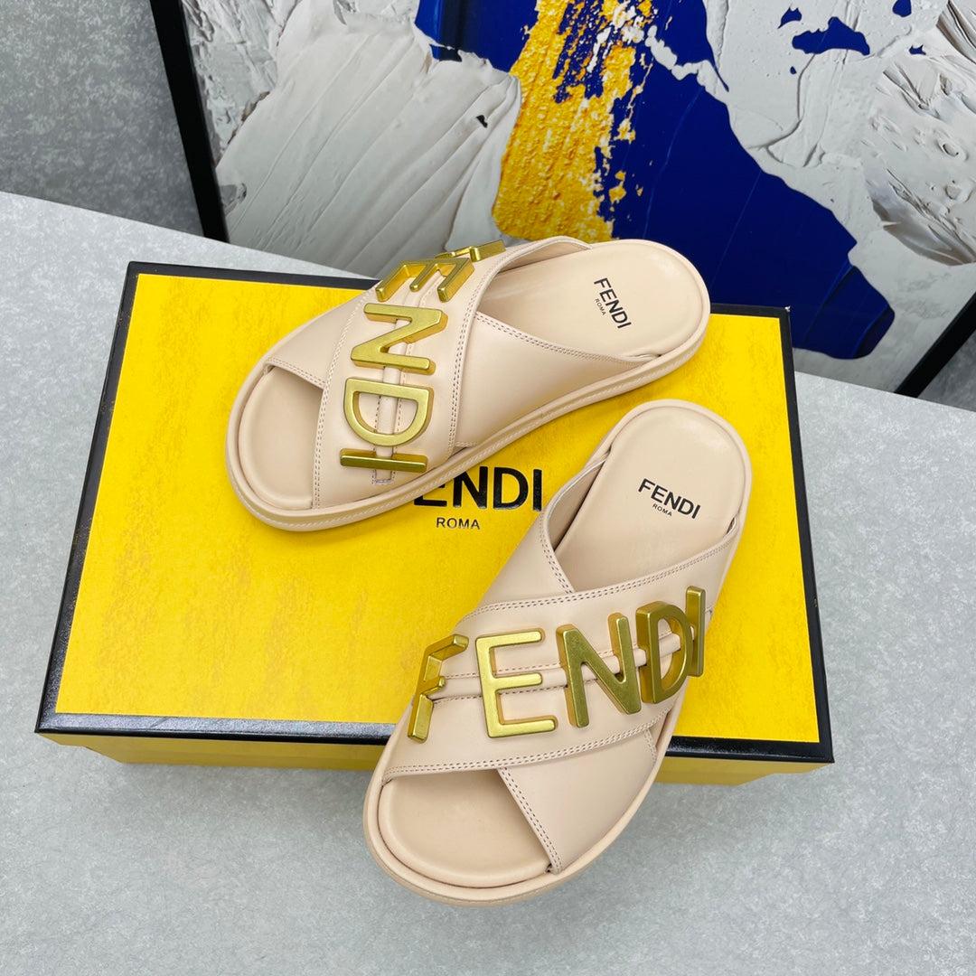 Luxury FendiLuxury FendiGRAPHY LOGO LETTERING SLIDES IN BEIGE LAMBSKIN WITH GOLD HARDWARE