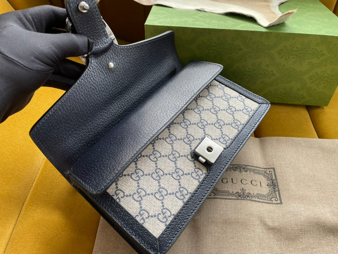 Luxury Gucci DYONYSUS SHOULDER BAG 25 IN BEIGE JACQUARD FABRIC AND BLACK CALFSKIN TRIM SILVER HARDWARE