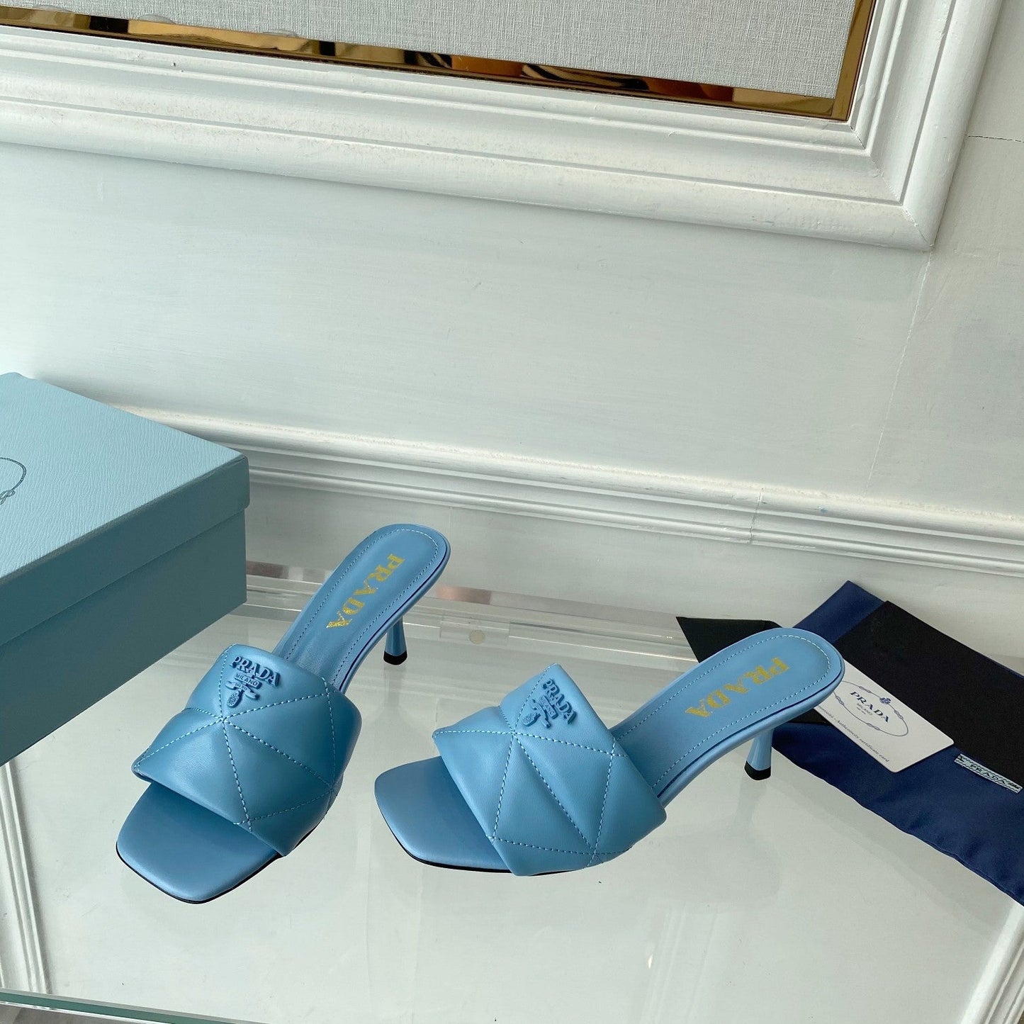 Luxury PradaQUILTED HIGH HEELS SANDALS 65 SKY LAMBSKIN