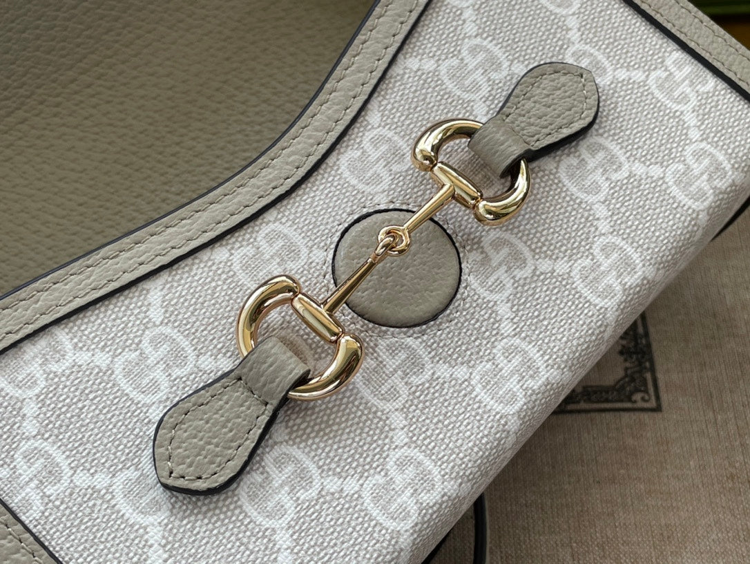 Luxury Gucci GG HORSEBIT 1955 MINI 18 BAG WHITE CANVAS AND BEIGE CALFSKIN