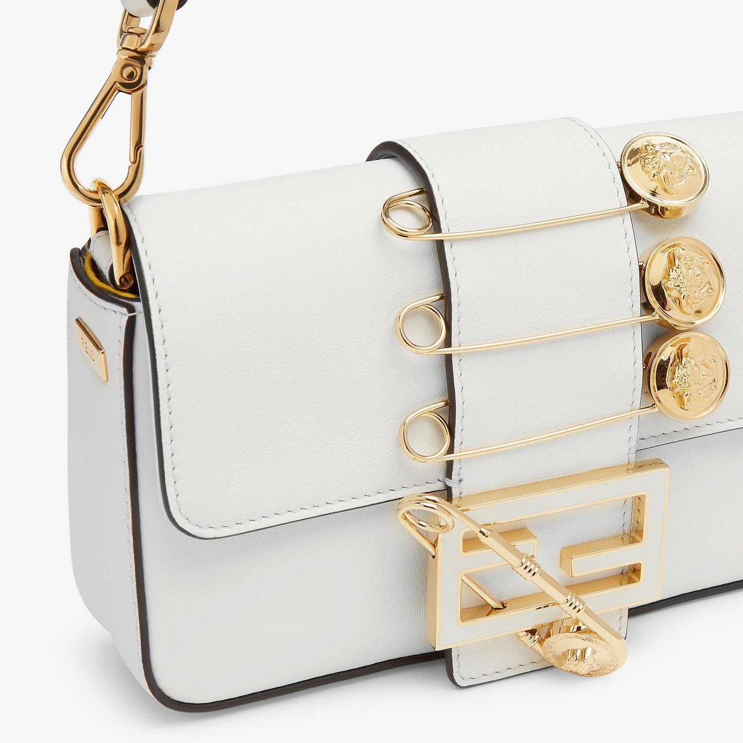 Luxury FendiLuxury FendiFENDACE BROOCH MINI 20 BAGUETTE BAG IN WHITE CALFSKIN