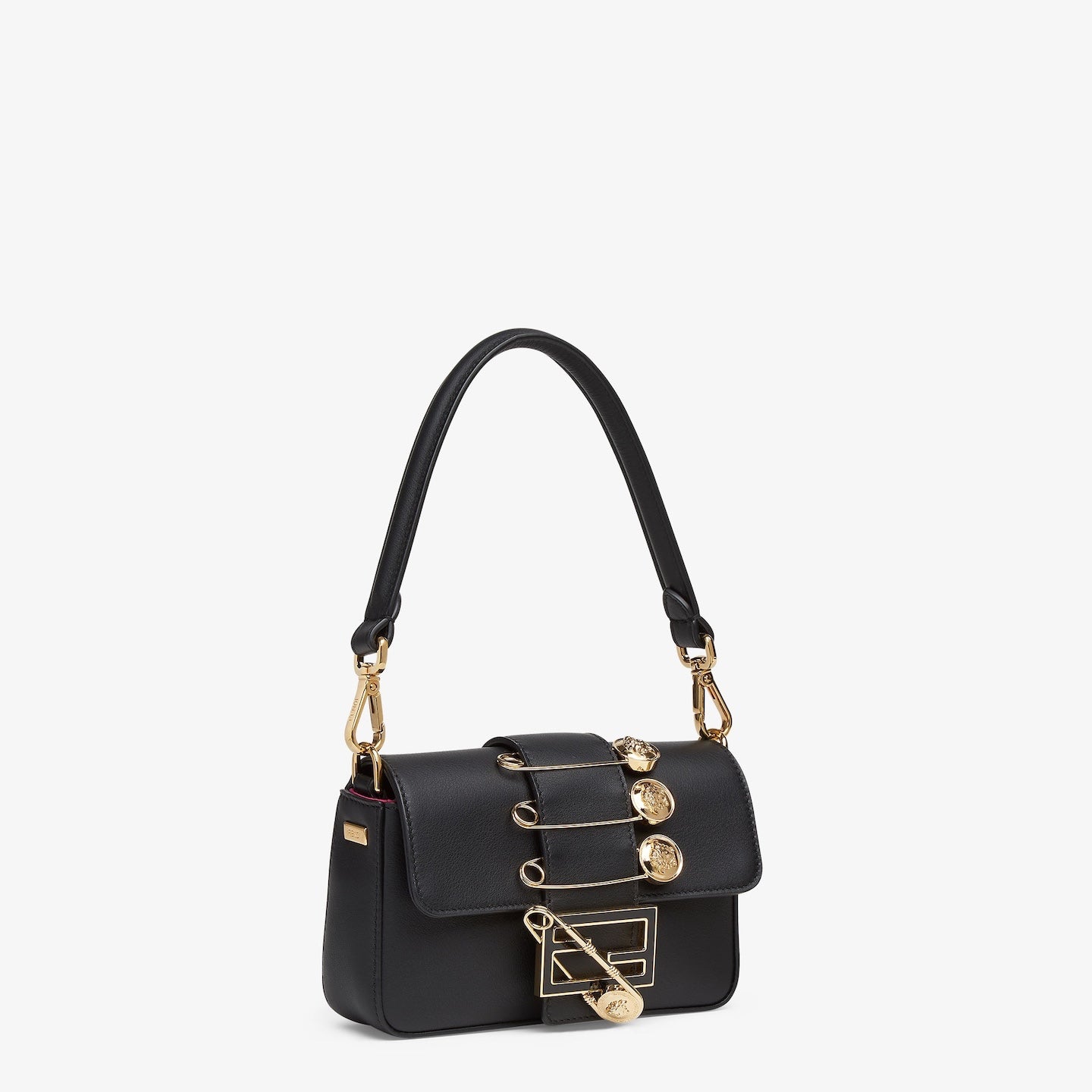Luxury FendiLuxury FendiFENDACE BROOCH MINI 20 BAGUETTE BAG IN BLACK CALFSKIN
