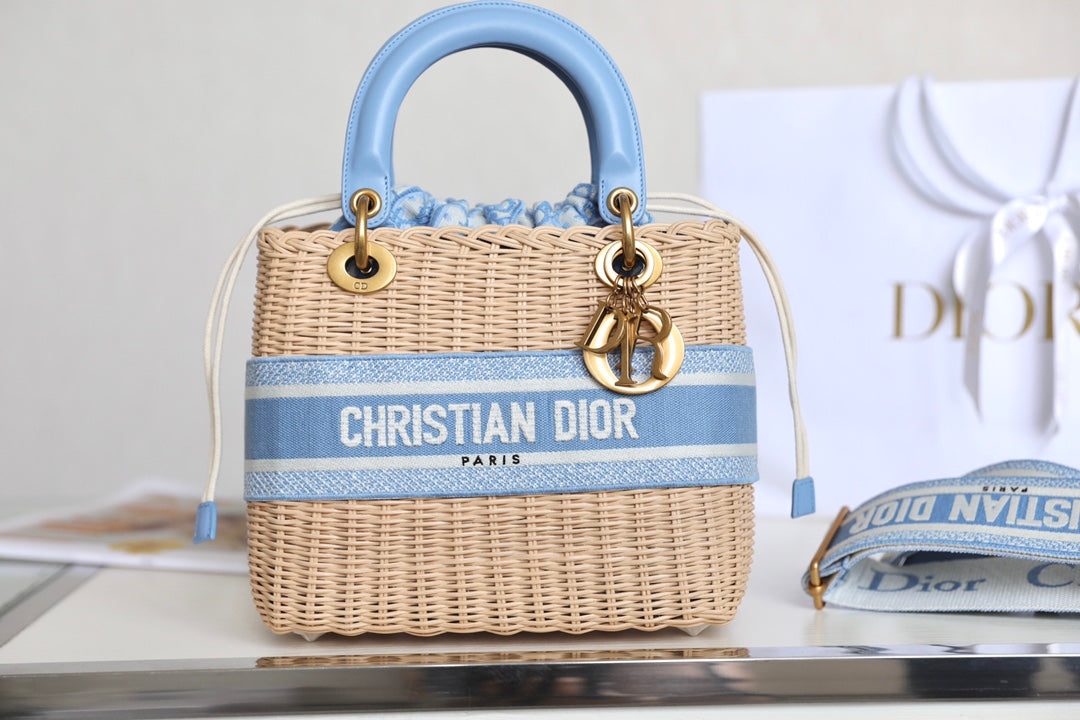 Luxury DiorLADY 24 BASKET BAG IN BLUE OBLIQUE JACQUARD MIX BEIGE WICKER