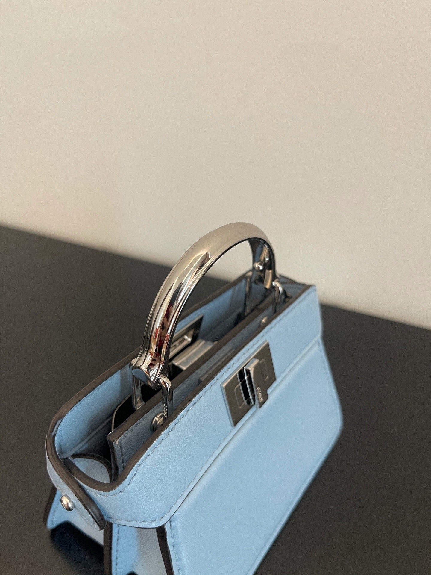Luxury FendiLuxury FendiPEEKABOO ISEEU MICRO 12 BAG IN LIGHT BLUE CALFSKIN WITH GOLD HARDWARE