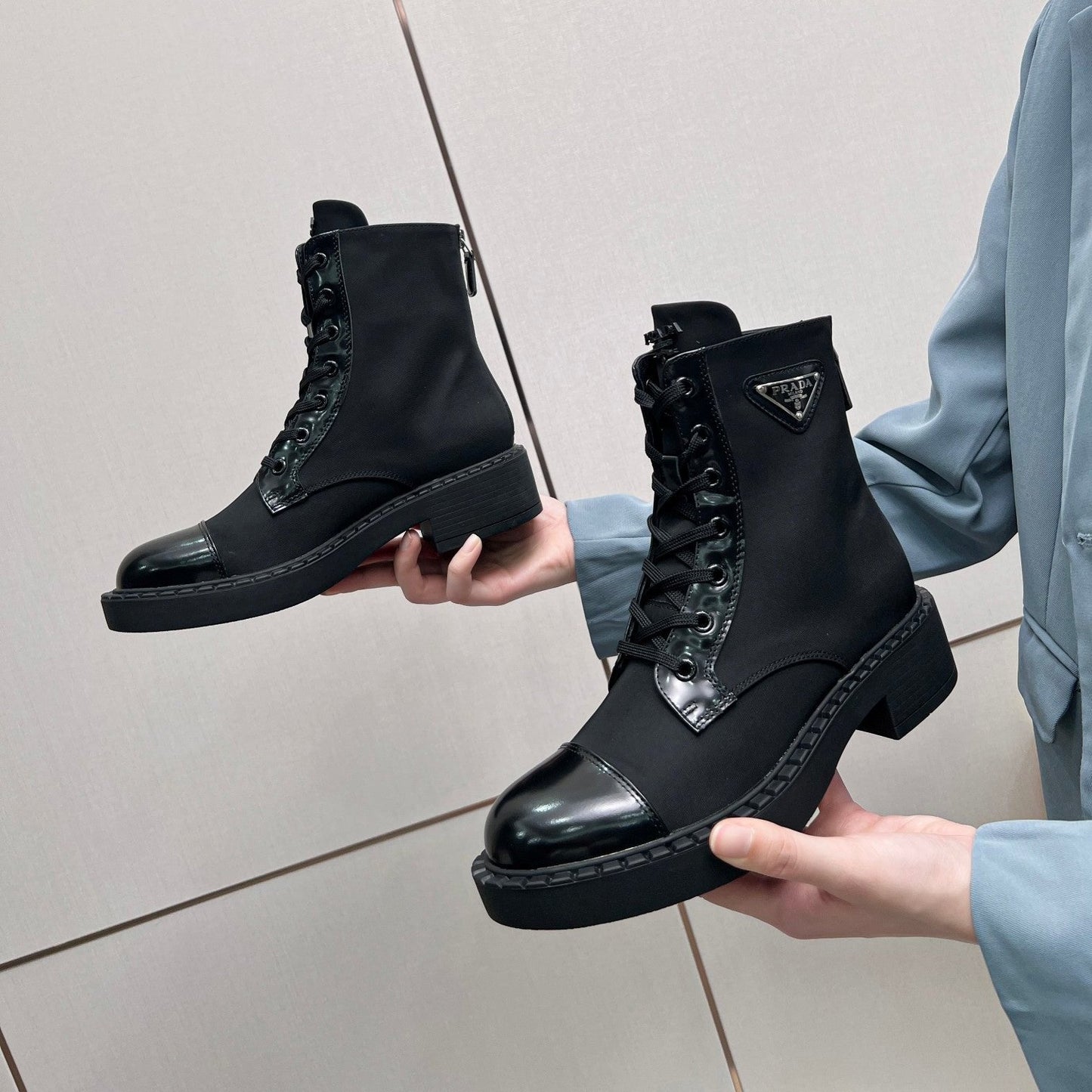 Luxury PradaLACE-UP ANKLE BOOTS IN BLACK DENIM AND SHEEPSKIN LINING