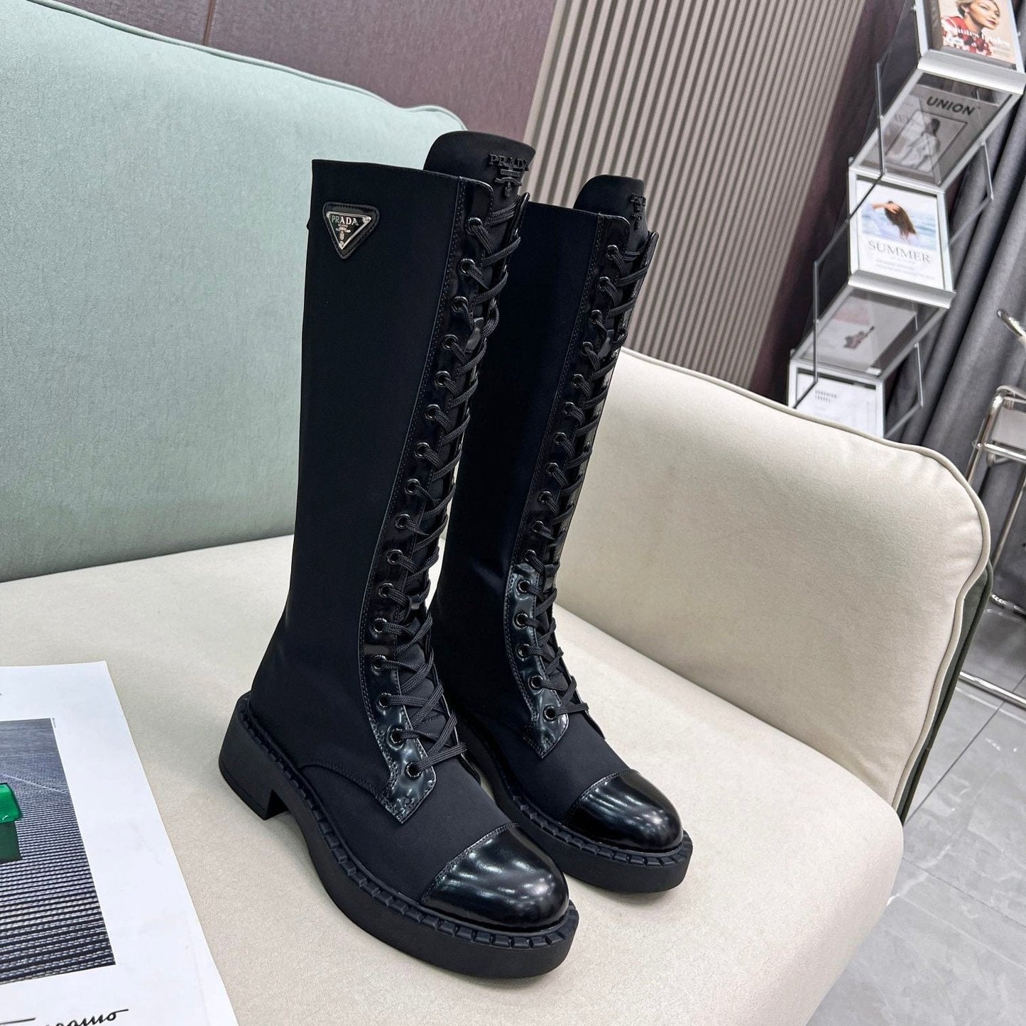 Luxury PradaLACE-UP KNEE BOOTS IN BLACK DENIM AND SHEEPSKIN LINING
