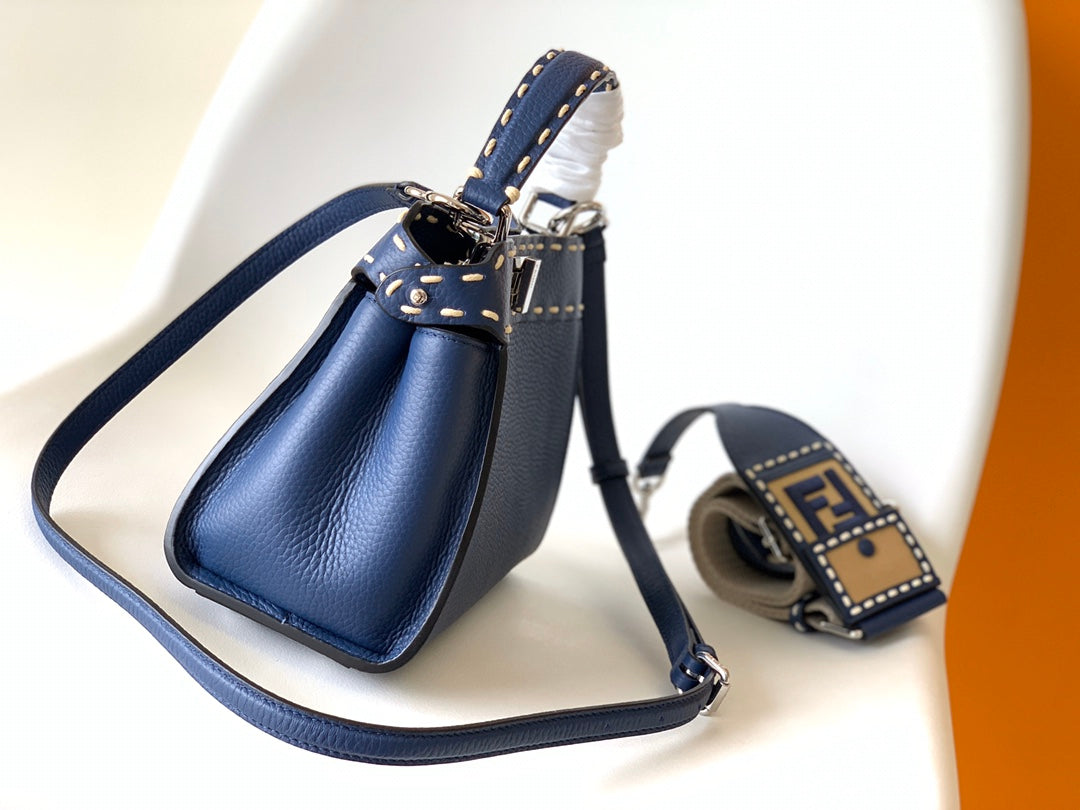 Luxury FendiPeekaboo Mini Selleria Bag 23cm blue leather shw with 220 hand-sewn stitches