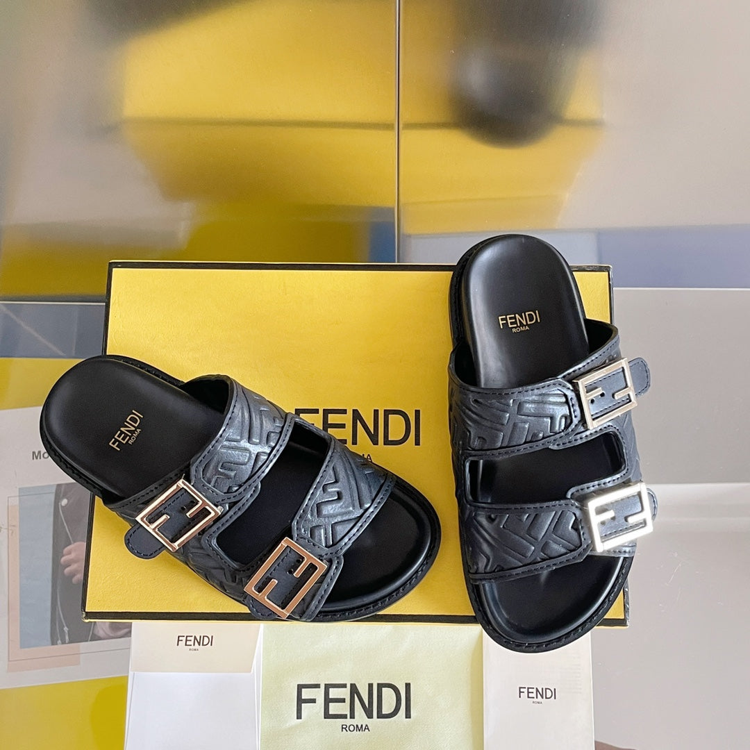 Luxury FendiLuxury FendiBAGUETTE DAD SANDALS IN BLACK EMBOSSED CALFSKIN WITH GOLD HARDWARE