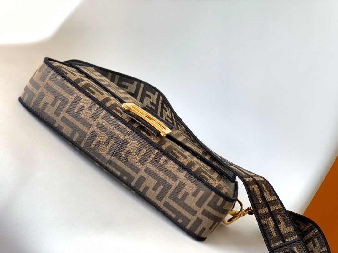 Luxury FendiFend Baguette 27 Brown FF Jacquard Fabric Bag Ghw