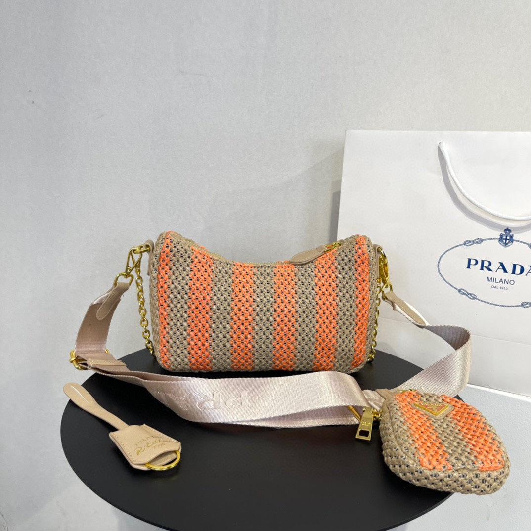 Luxury PradaHOBO BAG 23 IN BEIGE MIX ORANGE RAFFIA WITH WHITE LOGO GOLD HARDWARE