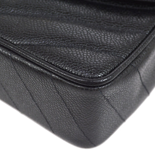 CHANEL★ 1994-1996 Black Caviar Chevron Letter Flap Bag 75337